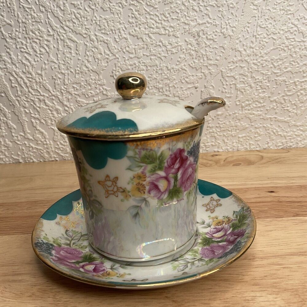 Vintage Hand Painted Condenser Sugar/Jam Bowl with Lid Spoon And Underplate 3.5"